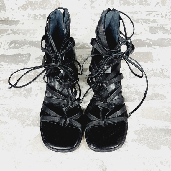 New Steve Madden Cherri Black Leather Strappy Block Heel Sandals V193 - Picture 9 of 11